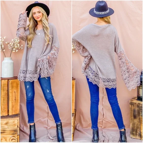 034 Boho Lace Bell Sleeve Waffle Knit Tunic Top - Picture 9 of 13